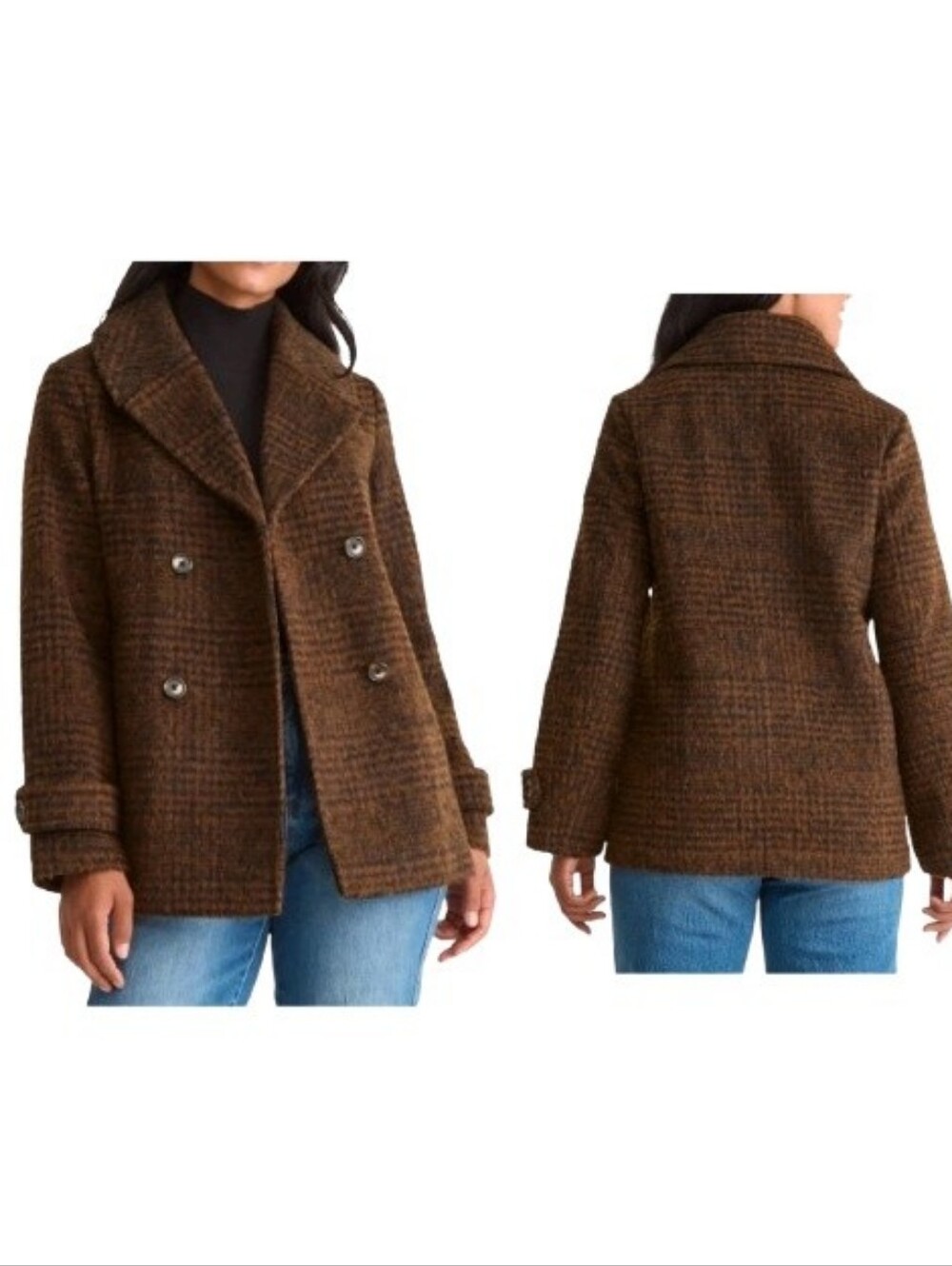 Time & Tru Plus Plaid Peacoat NWT Brown Black Double-Breast Pockets Classic
